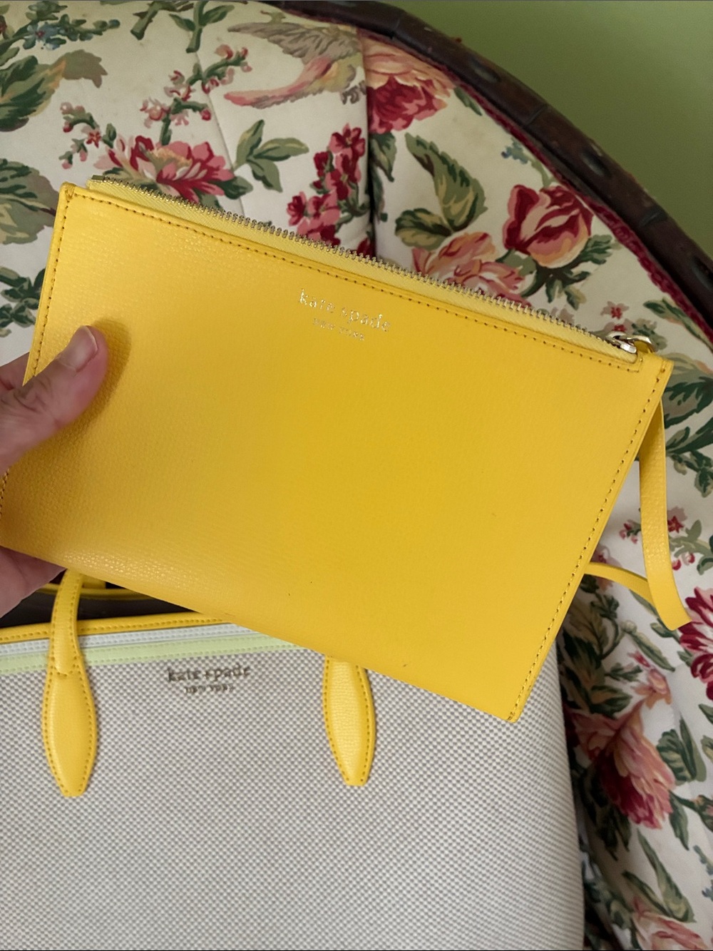 kate spade Cream Canvas Tote with Yellow Trim and Wristlet - Picture 10 of 11